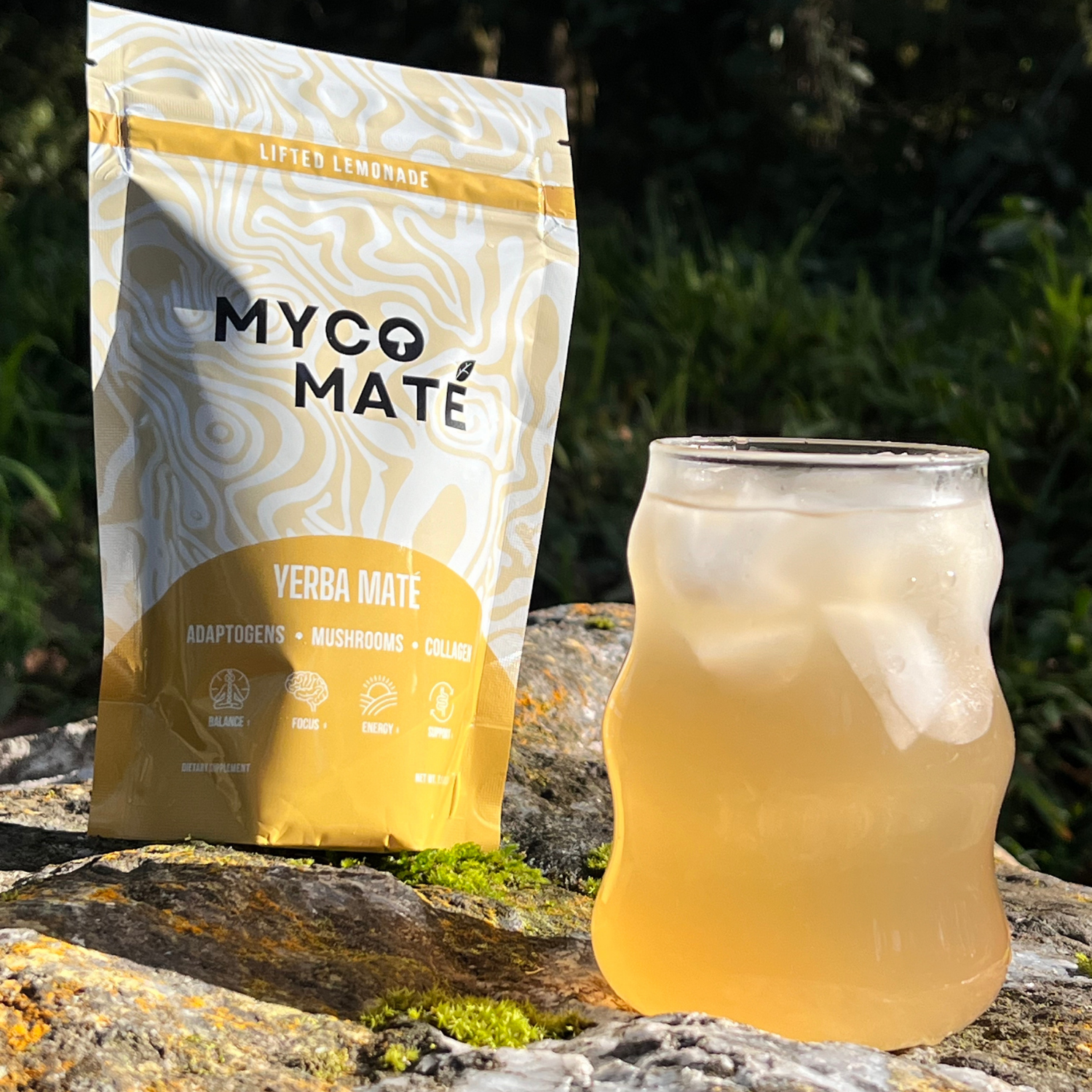 MycoMaté Lifted Lemonade yerba maté drink with mushrooms, collagen, and lemon flavor for clean energy, focus, and wellness.