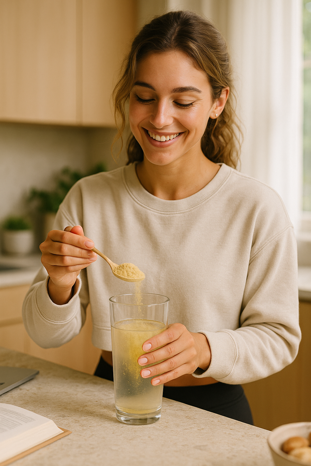 Woman mixing MycoMate instant yerba maté powder with water for clean, crash-free energy and focus.