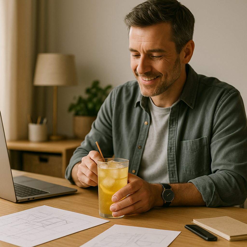 Man enjoying MycoMate lemon yerba maté drink while working for calm focus, energy, and productivity.