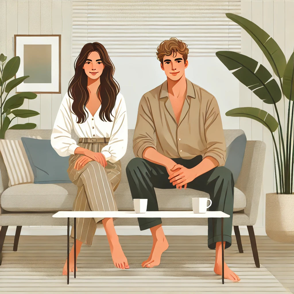 MycoMaté founders relaxing with coffee cups, representing clean energy, balance, and community lifestyle.